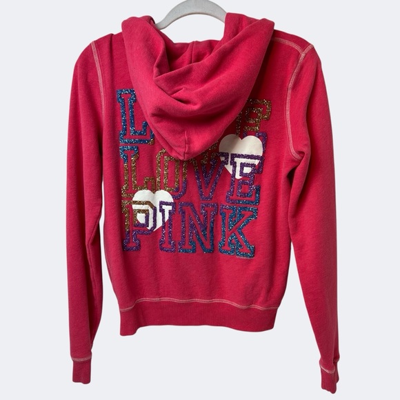 PINK Victoria's Secret Tops - PINK Victoria's Secret Sequin “Love Pink” Zip Hoodie Pink Glitter Heart Size S